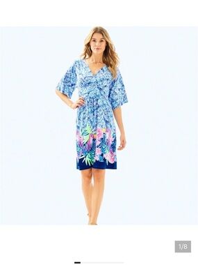 Lilly Pulitzer Parigi dress in Blue Tropical-Print with Pink & Green Accents